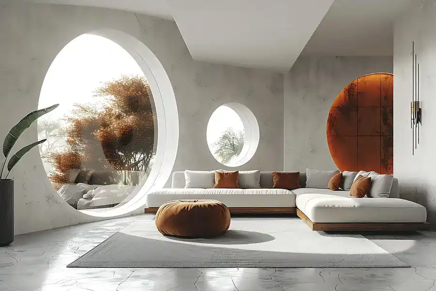 Elegant hotel room with a neatly made bed and two circular windows, AI-generated image symbolizing Kansas City hotels.